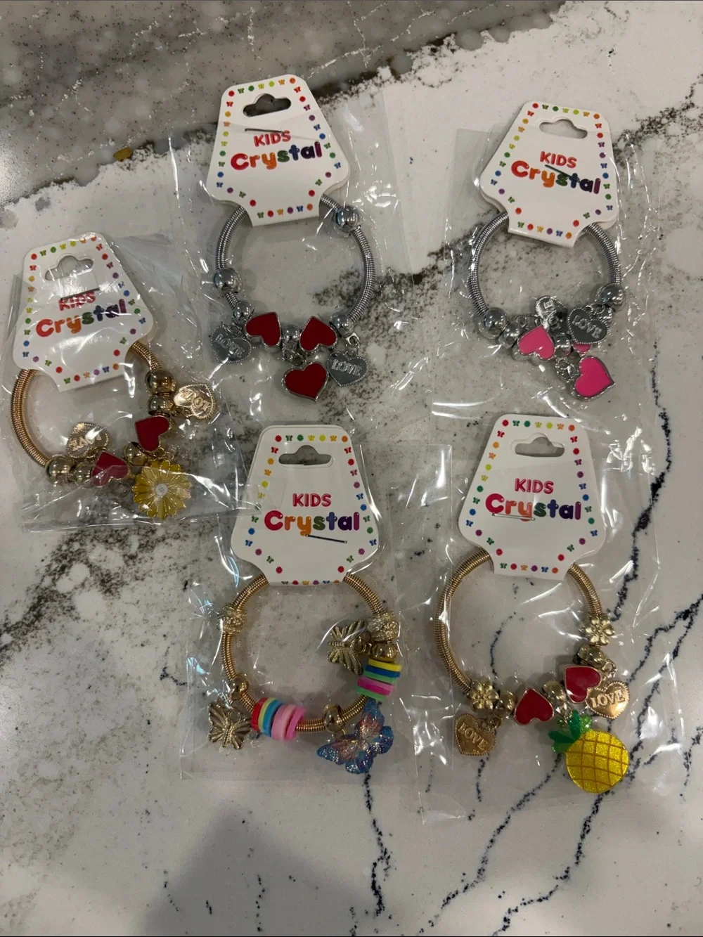 Kids Crystal Charm Bracelet Set - Hearts & Pineapple